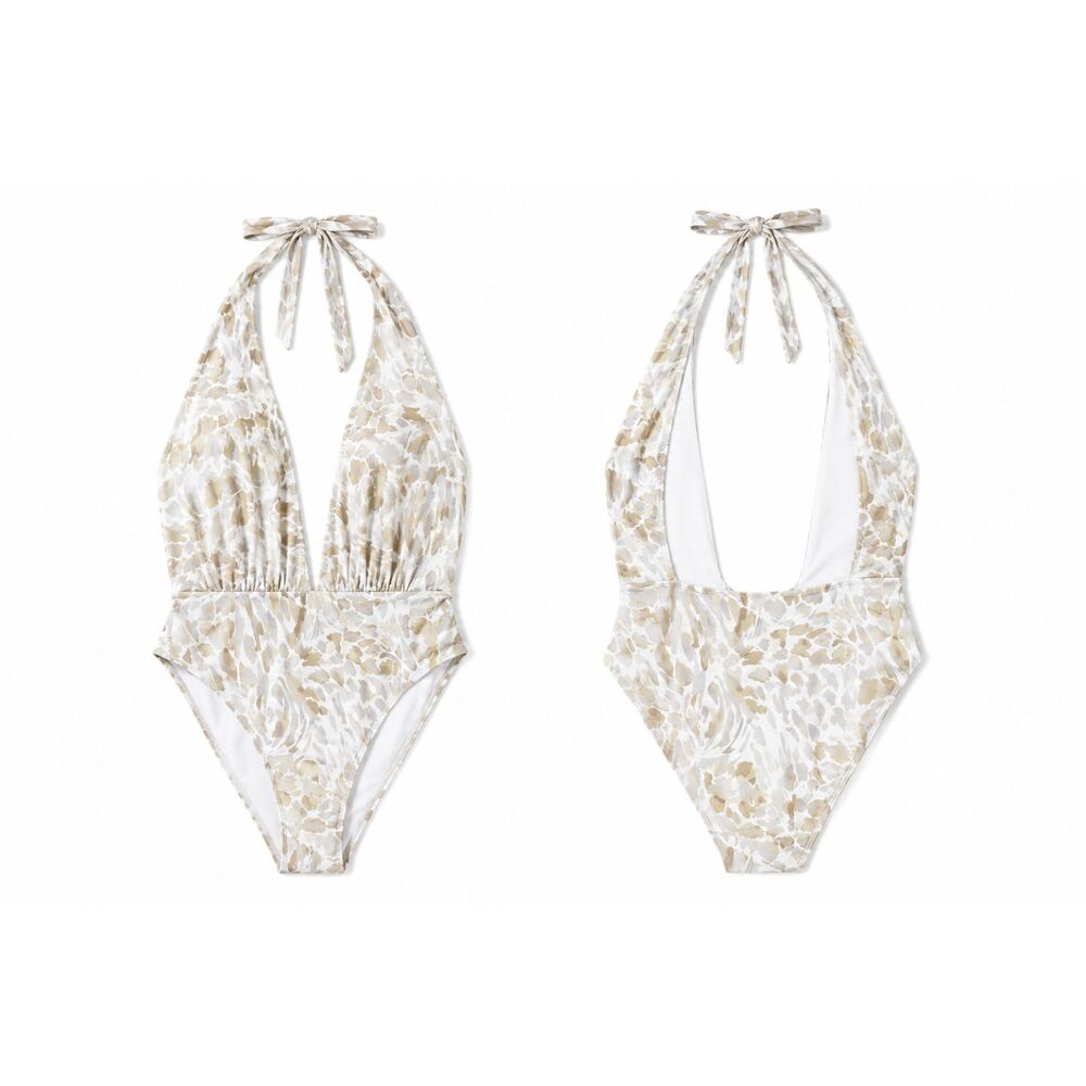Phax Laguna Women's Large Plunge Halter One Piece Swimsuit Gold Floral